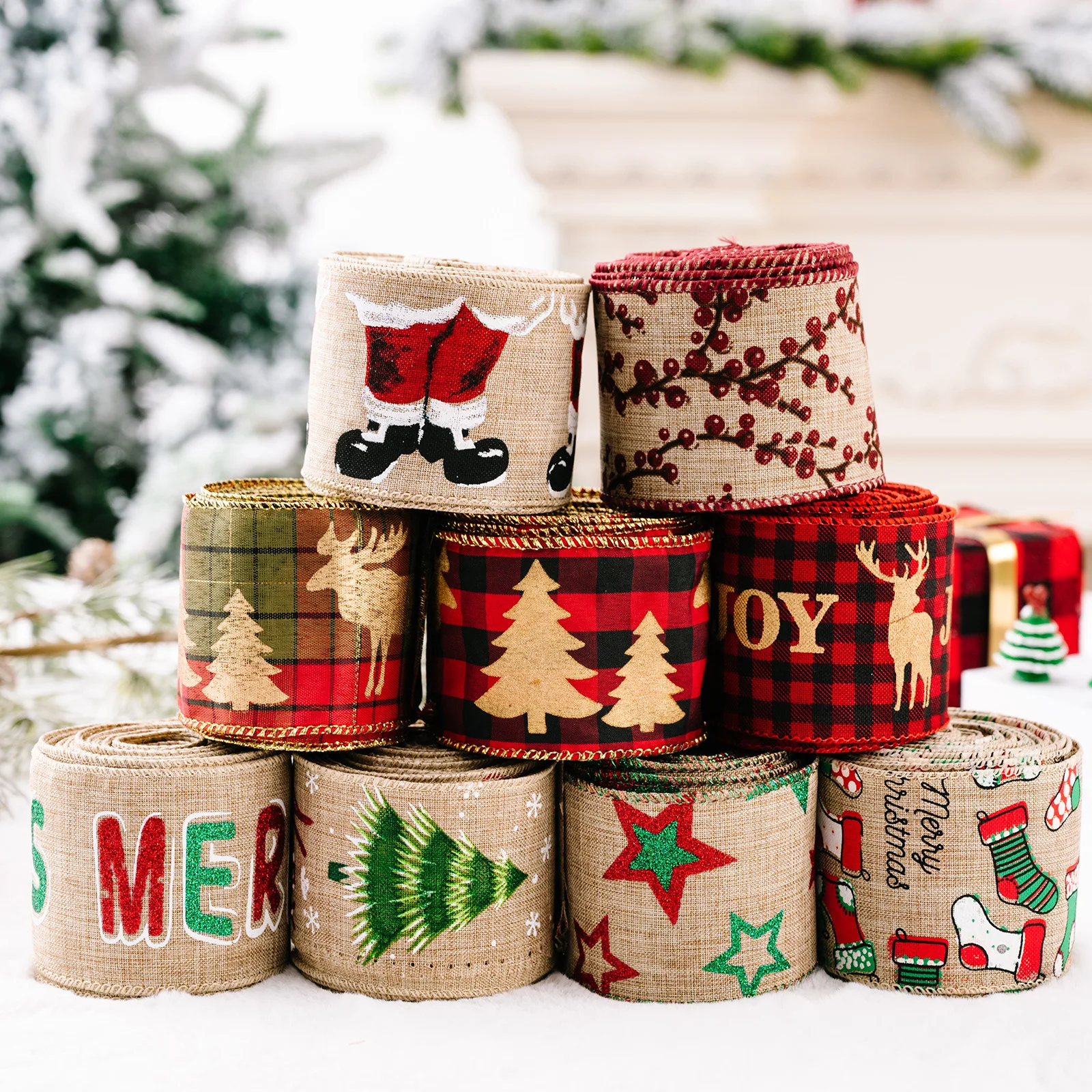 New Santa Reindeer Christmas Tree Print Christmas Burlap Ribbon Wired Edge Buffalo Plaid Bowknot Ribbon For Party Decoration