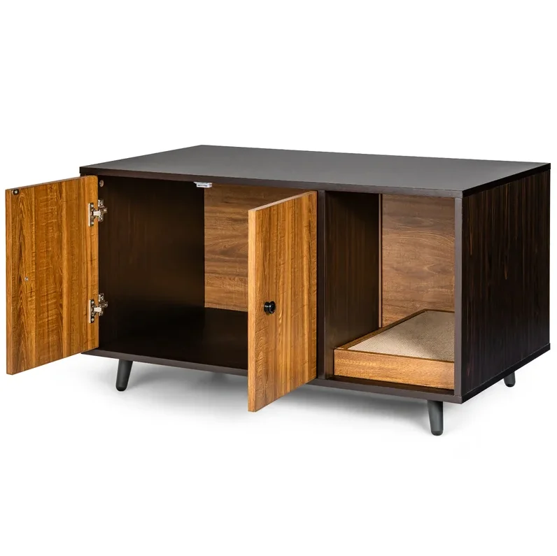 Multi-Functional Cat Cabinet Cat Littler Box Enclosure with 4 Solid Metal Legs Spacious Tabletop Cat House with Scratching Pad