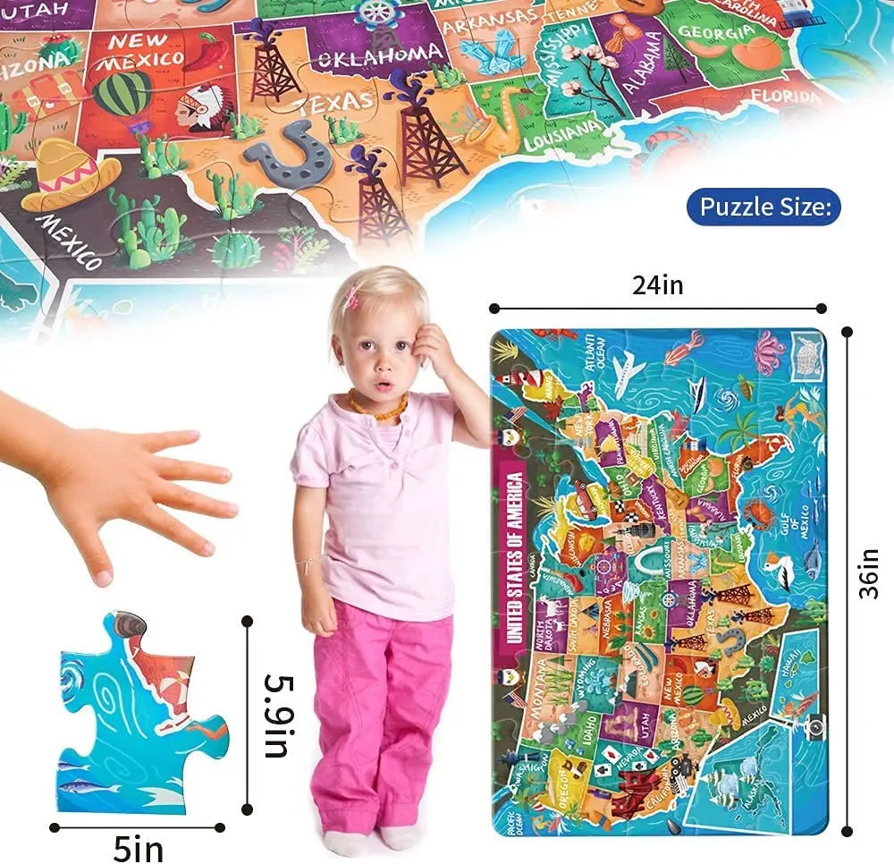 Factory Price 46 Pieces Kids USA Map Puzzle Toy US Puzzle Maps for Kids Learning