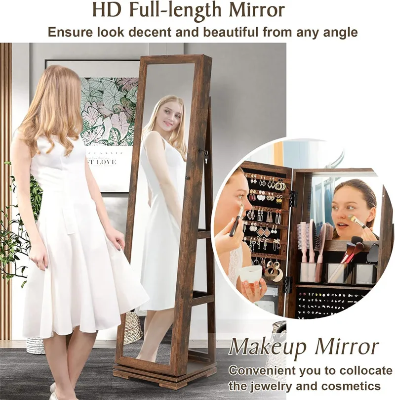 Antique Stand Alone Rotating Jewelry Storage Armoire Cabinet Organizer With Full Length Mirror 360 Swivel