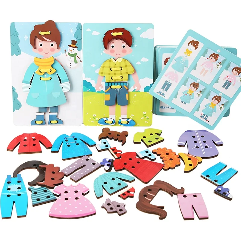 wood toys for kids Early Education Hand Eye Coordination Card Matching Puzzle Wooden Clothes Threading Board Game