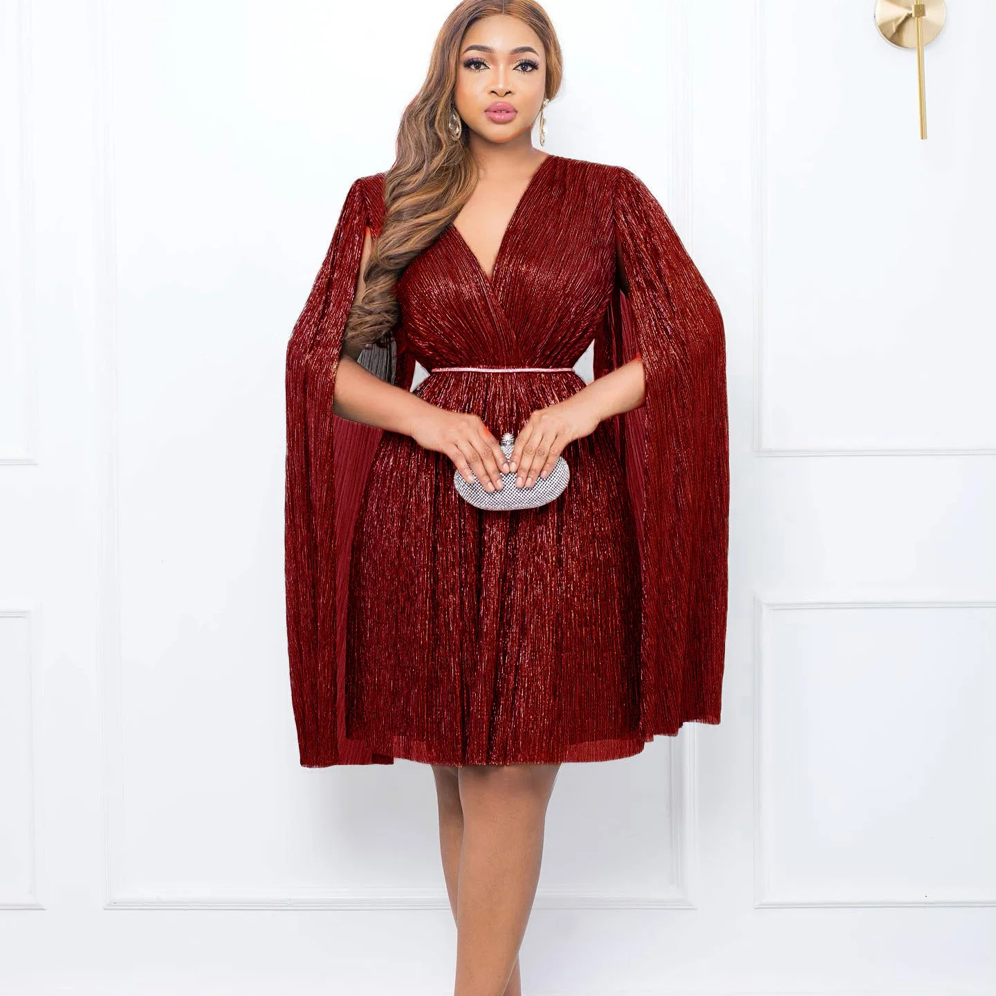 C8543 Latest Design Formal Dress For Women V-Neck Long Cloak Sleeve Waist Close Party Dresses Women Prom Dress With Belt
