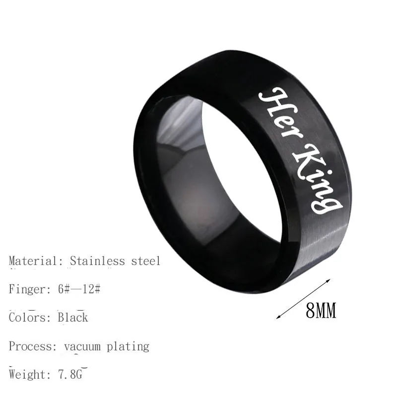 Titanium Stainless Steel Couple Rings Her King His Queen Jewelry Black Silver Blue Gold 8mm Band Ring Wedding Engagement Gift