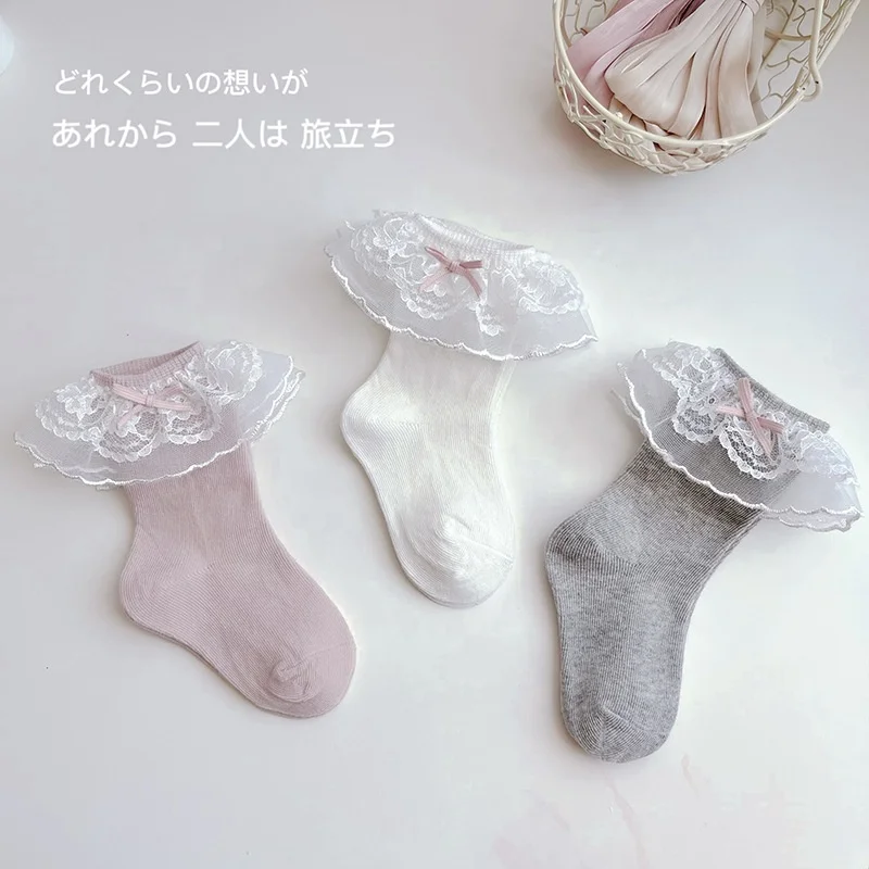 Autumn/winter Princess Windbaby baby mid-tube socks Double lace lace cotton uncut soft comfort socks for girls