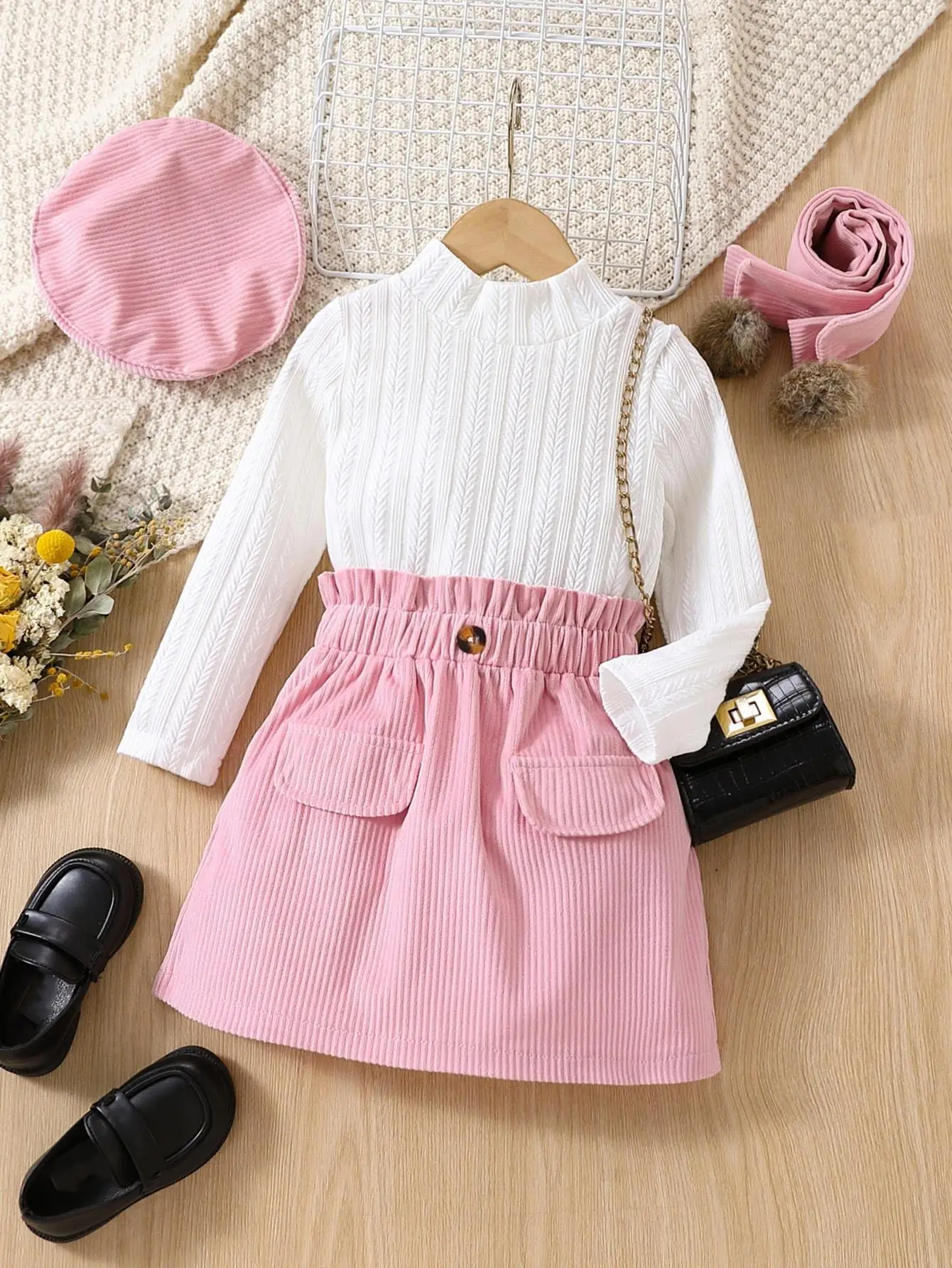 Wholesale 4-7 Years Winter Long Sleeve Girls Clothing Set Kids Teenage Children Sweater+Skirt+Scarf+Hat 4 Pcs Set