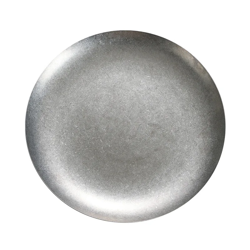 Simple and Retro Frosted Matte Silver Stainless Steel Plate Round Serving Tray for Banquet Barbecue Picnic Camping Use