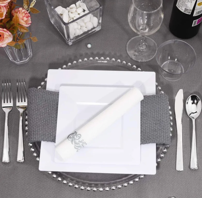White Square Disposable Plates,Heavy Duty Plastic Party Plates for Christmas Thanksgiving