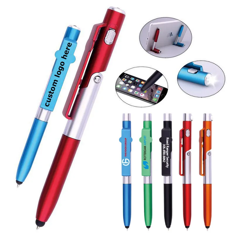 New Design 4 In 1 Multi-function Folding Pengertian Light Pen Phone Bracket Led Light Stylus Touch Pen Ballpoint Pen