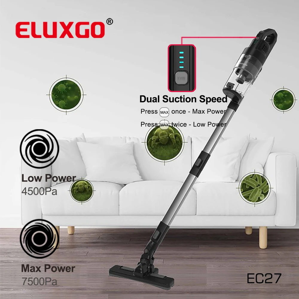 ELUXGO Strong Power  Multifunctional double filtration handheld cordless cyclone Vacuum Cleaner for bed/pet hair clean machine