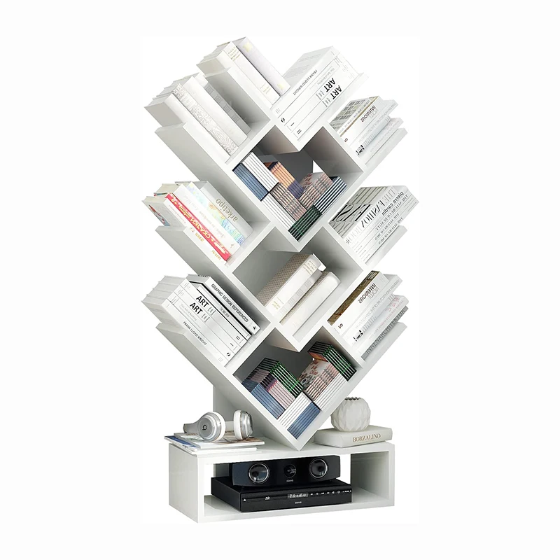 White Tree Bookshelf 5 Shelf Tree Bookcase Small Wood Standing Book Shelf Free Standing Book Tree Rack for Living Room Office