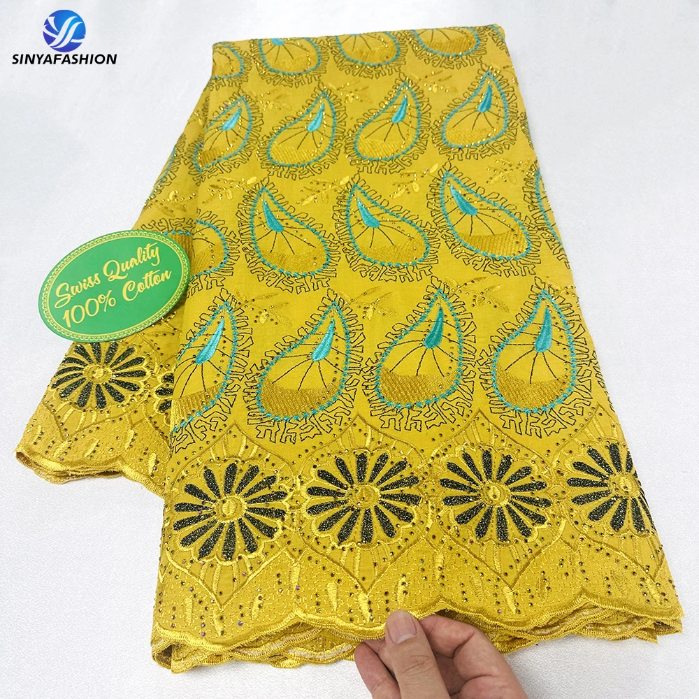 Sinya Embroidery African 100% Cotton Laser Cut Dry Lace Fabric With Stones 5 Yards High Quality Swiss Voile Lace In Switzerland