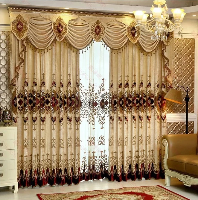 Ready Made Embroidery Window Luxury European Curtains for Living Room with Valance