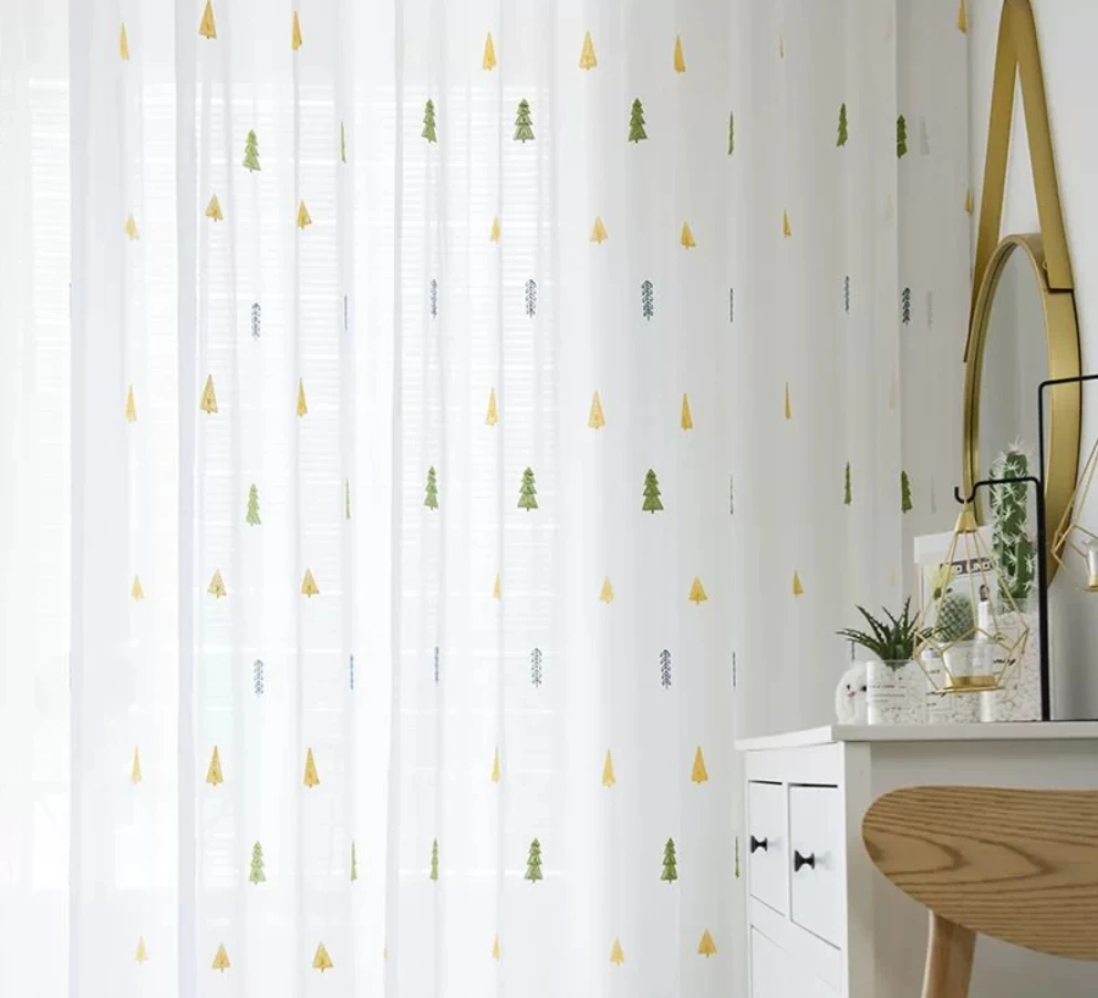 ZSTARR Factory Home Use Custom Christmas Tree Embroidered Linen Fabric Window Decoration Curtains Sheer for Living Room Bedroom
