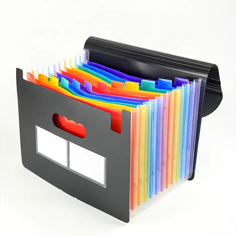 12 Pocket Accordion Document Organizer Black Cover Rainbow Inner Pockets Polypropylene Expanding File Organizer for Office