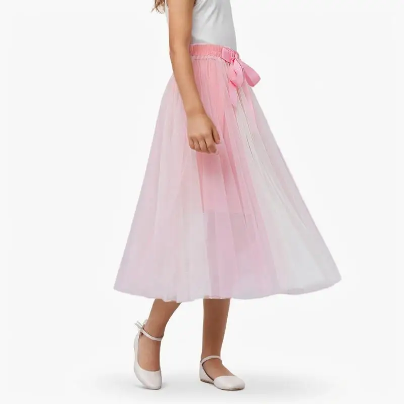 Kids Long Tutu Skirt Below Knee Children Ruffle Lining Cotton Princess Tulle Pleated Bow TUTU for Girls Teens Long Tutu Skirt