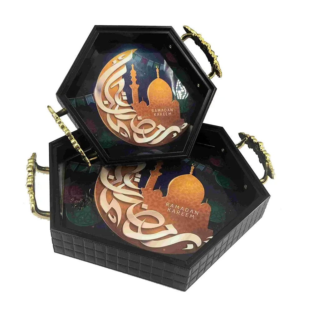 Superwin Fast Custom 2Pcs Eid Mubarak Tray Ramadan Decorations Food Wood Serving Ramadan Tray with Handle