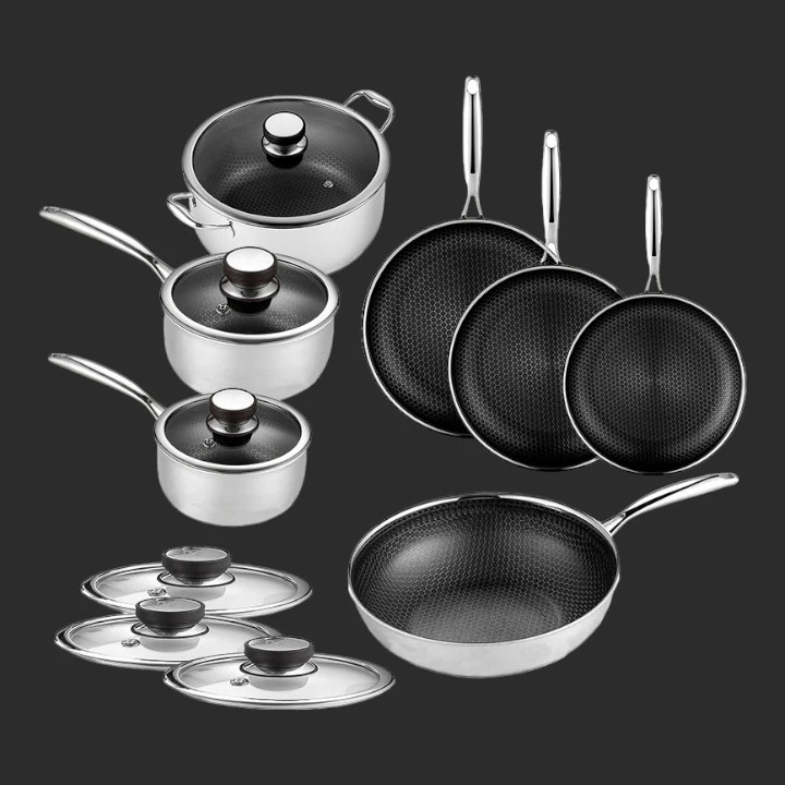 13 pc Hexagon Hybrid Cookware Set w/ Lids Stainless Steel Reusable Kitchenware 304 Stainless Steel Honeycomb Non Stick Wok Pans