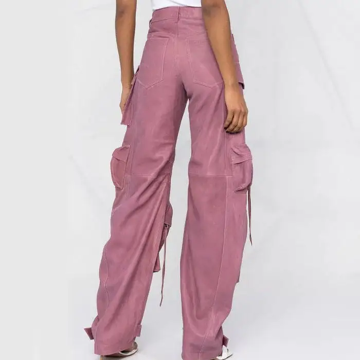 Women High Waist Multi Utility Pockets Straight Leg Cargo Pants Punk Style Faux Leather Stacked Trousers Plus Size Pants