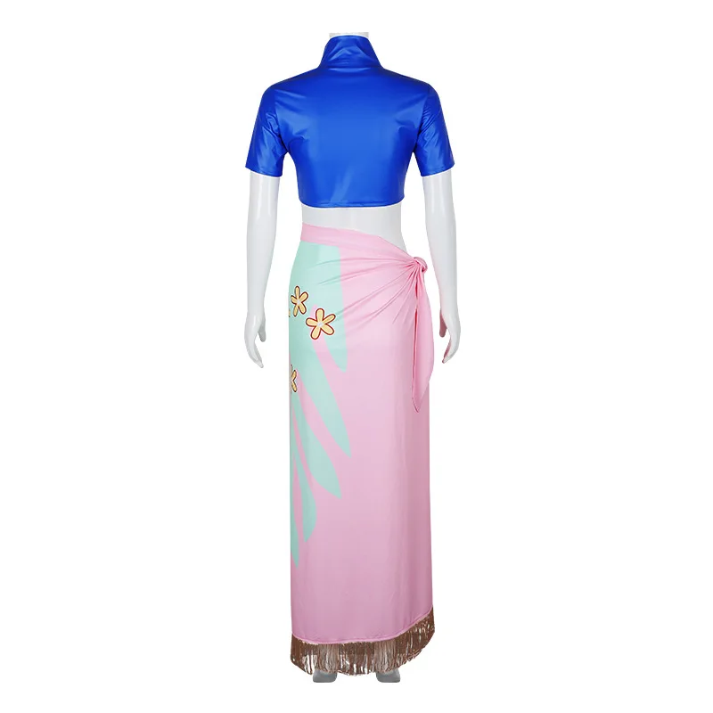 Nico Robin Cosplay Costume Top and Floral Pattern Wrap Skirt Women Cosplay Costume Outfit Decorated with Tassel