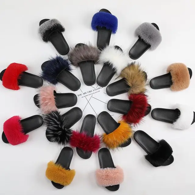 Custom Lady Fluffy Furry Fur Slipper Open Toe Black Pink Indoor Bedroom House Mink Faux Fur Slide Slipper