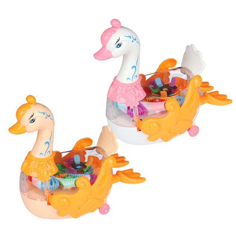 Kids baby cute electric colorful plastic gear swan toys with light music