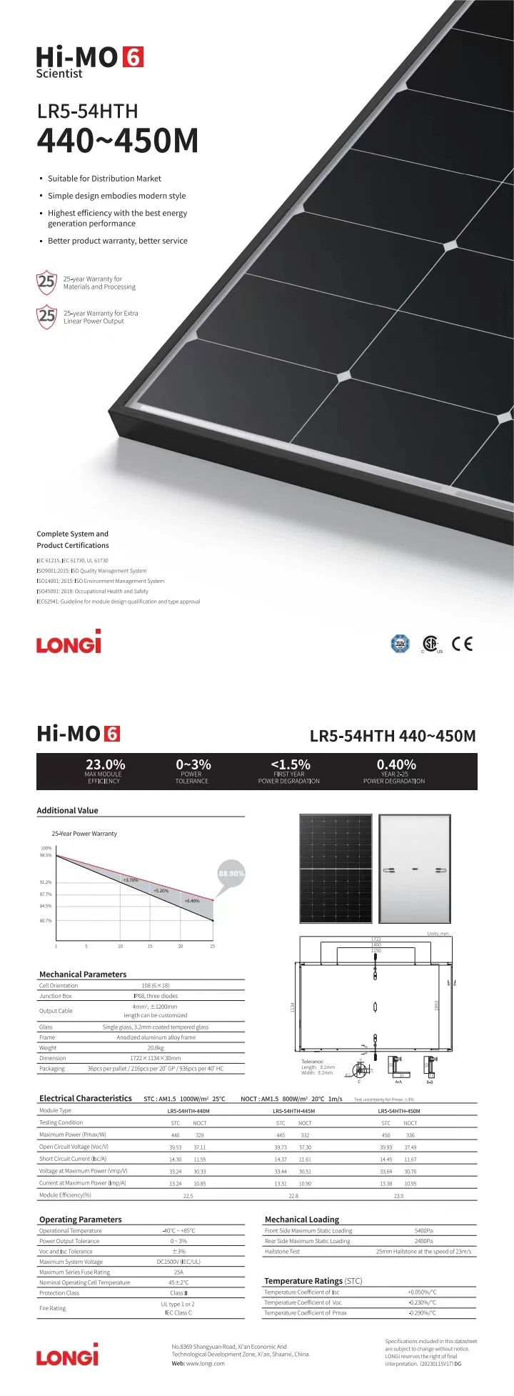 Longi 435w 440w 445w 450w A grade Solar pv solar panel tier 1 brand good price