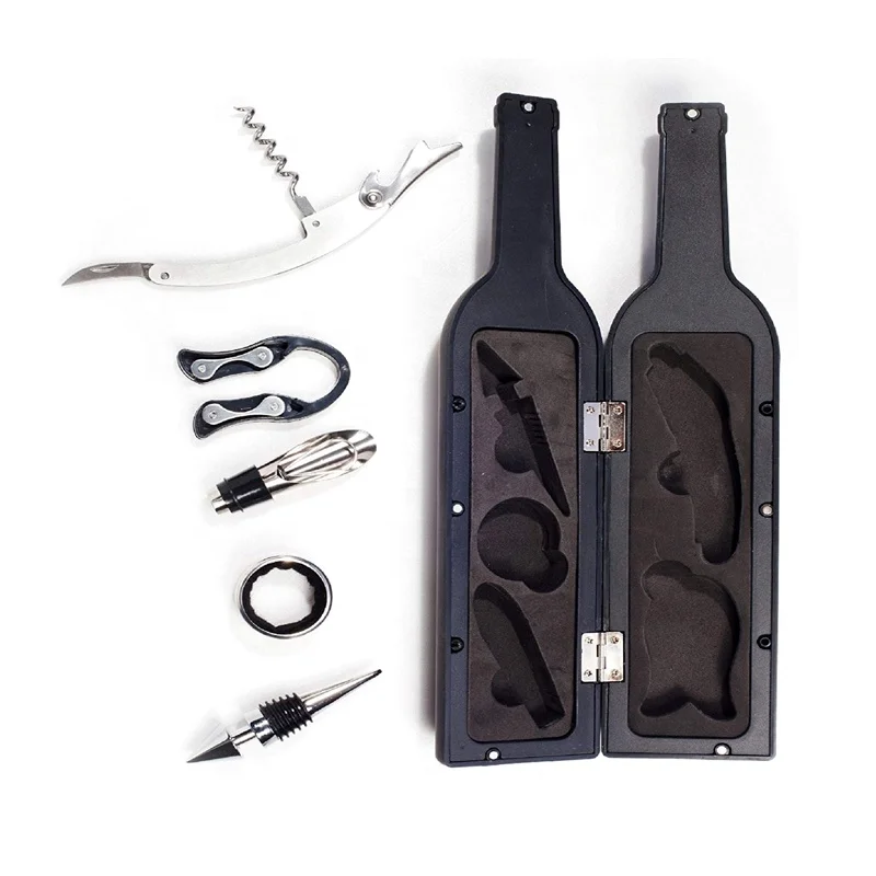 Hot selling 5pcs wine accessories gift set in ABS bottle shape case