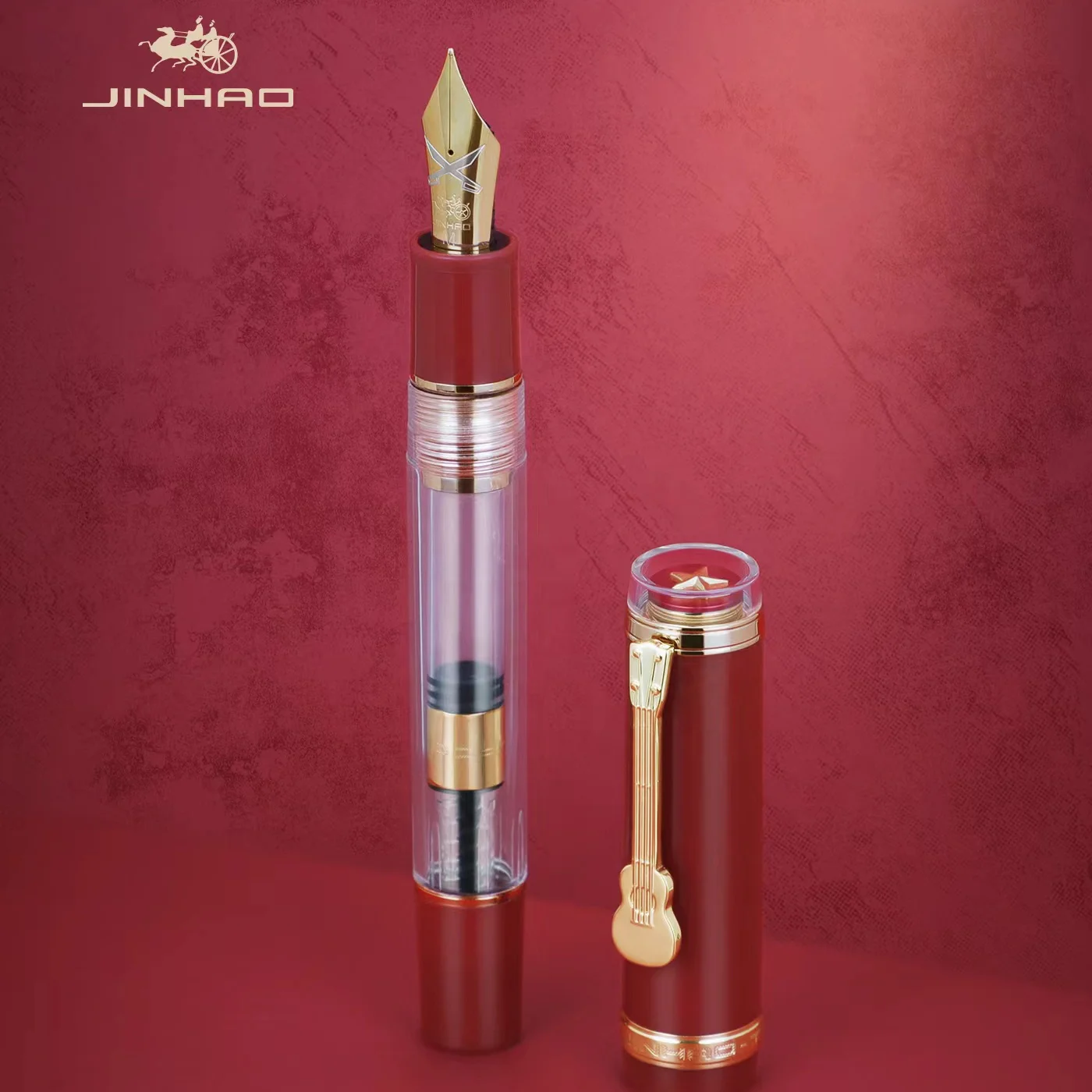 Jinhao 1935 Acrylic Fountain Pen,Palace Museum Red/Green with Luxury Guitar Clip and Large Converter Calligraphy Ink Pen