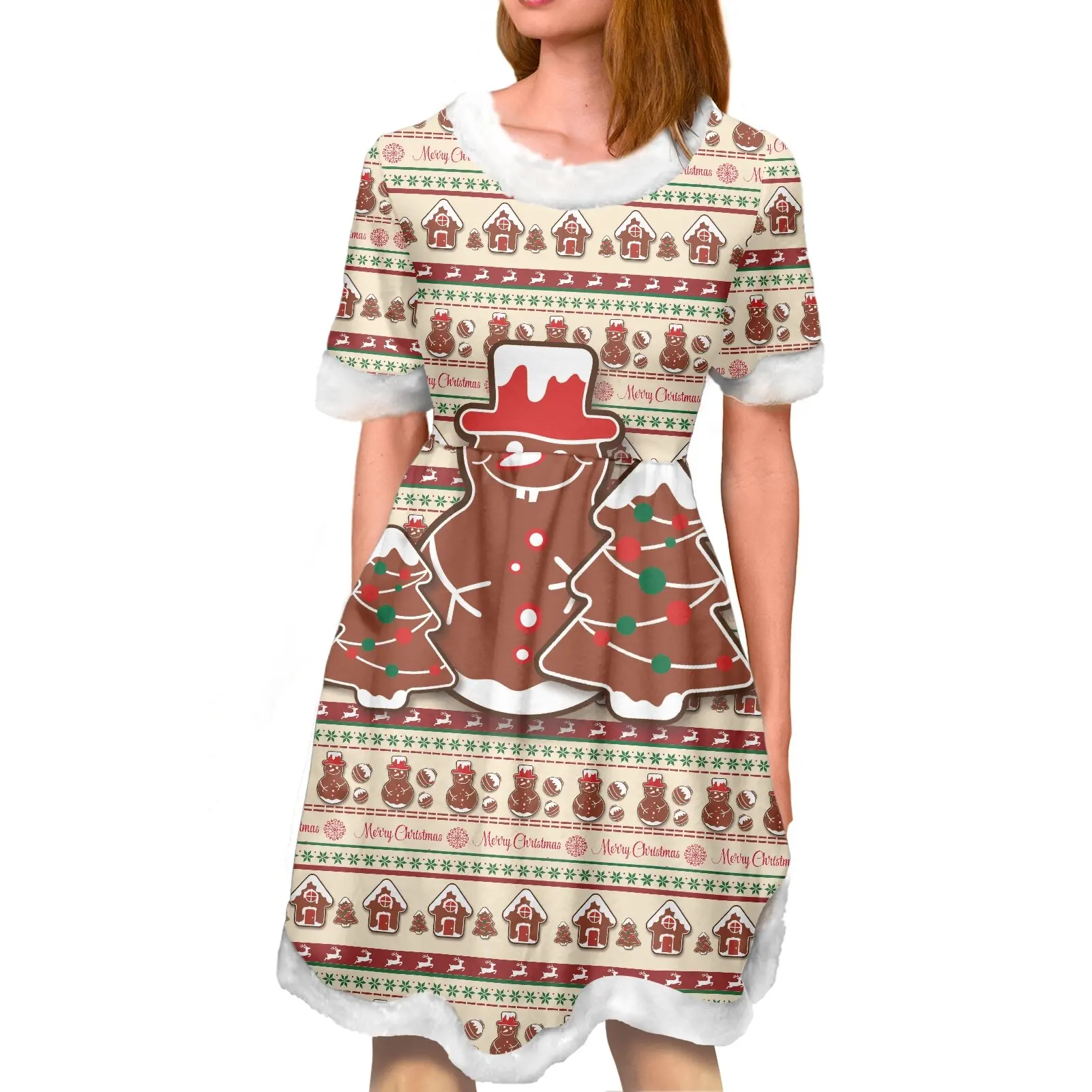 Winter snowman doll Christmas and Christmas tree print women warm New fashion fluffy casual party party dress