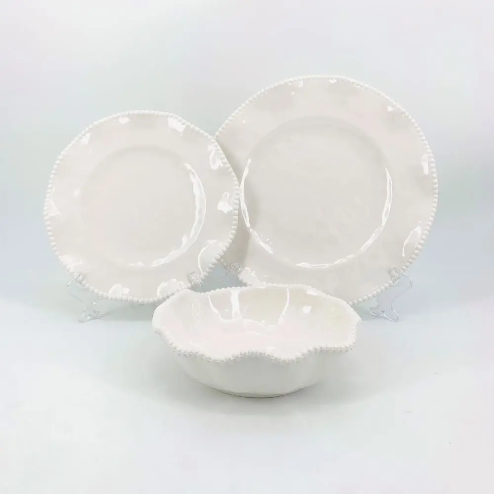 
Hot sale Cheap 12 pcs set dinnerware embossed beaded plate and bowl set white melamine dinner table sets 