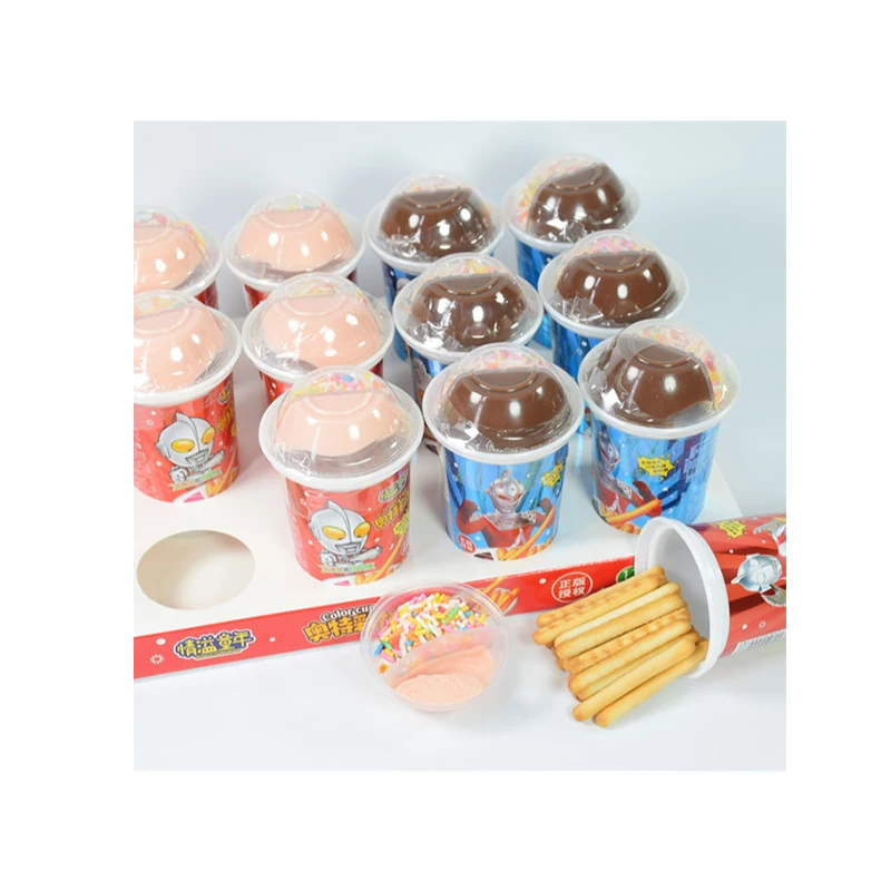 OEM High Quality Pop Candy Milk Chocolate Coated Finger Biscuits Kids Snacks Cup Crispy Crackers Chocolate Sauce With Biscuits