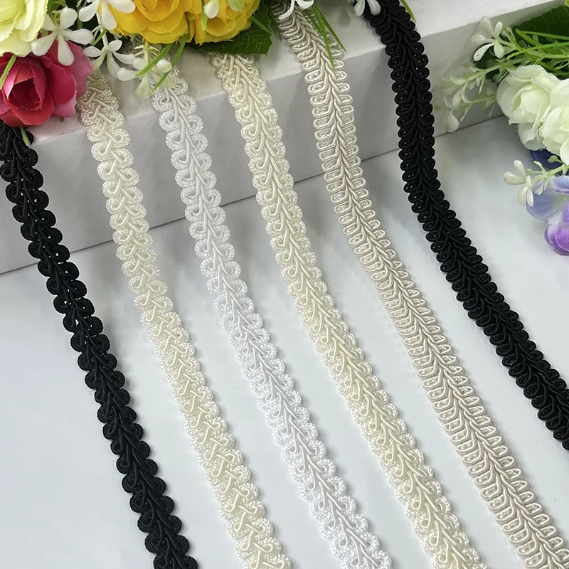Low price 12mm 15mm polyester white black centipede braided tape gimp border gallon gotta indian pakistani thin lace trim