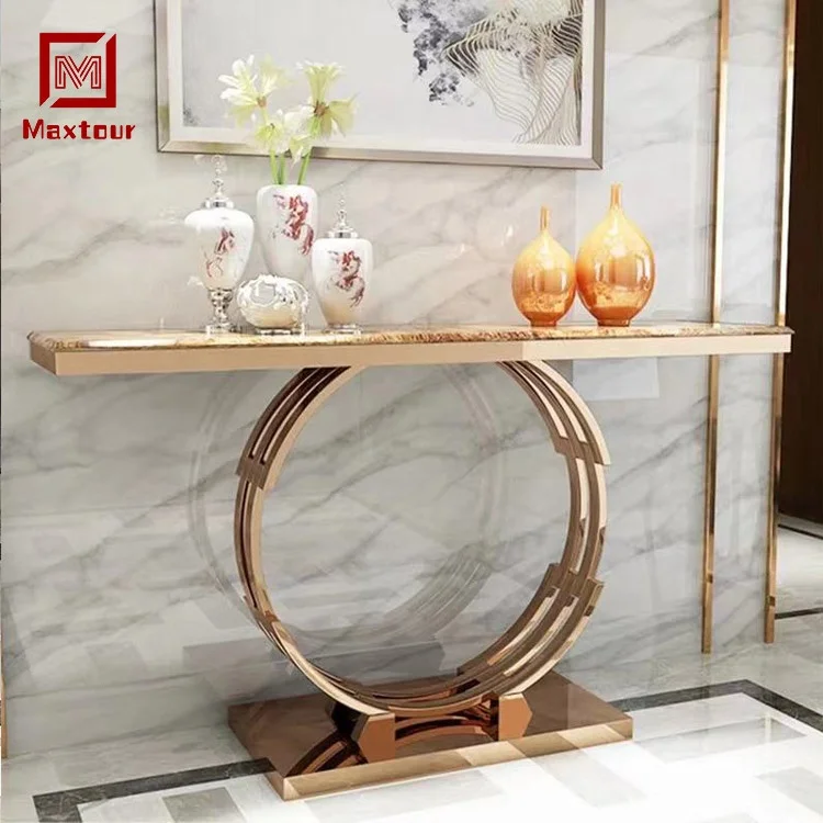 Luxury Gold Stainless Steel round Base Console Table with Marble Top for Living Room Furniture