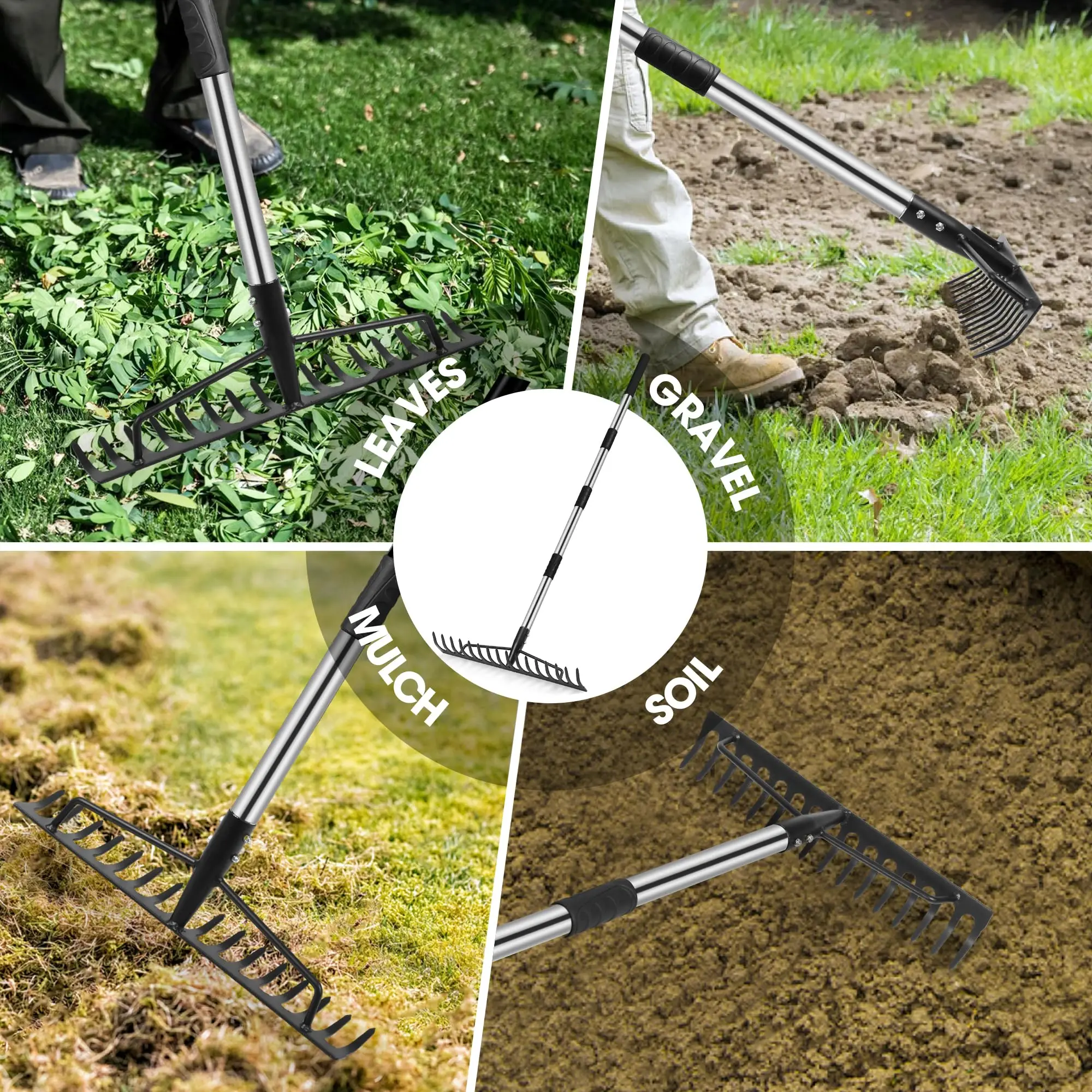 Garden Rake 16 Tines with Adjustable Handle Bow Rake for Lawns Heavy Duty Loosening Soil Gathering Leaf Yard Rake Gloves Beach