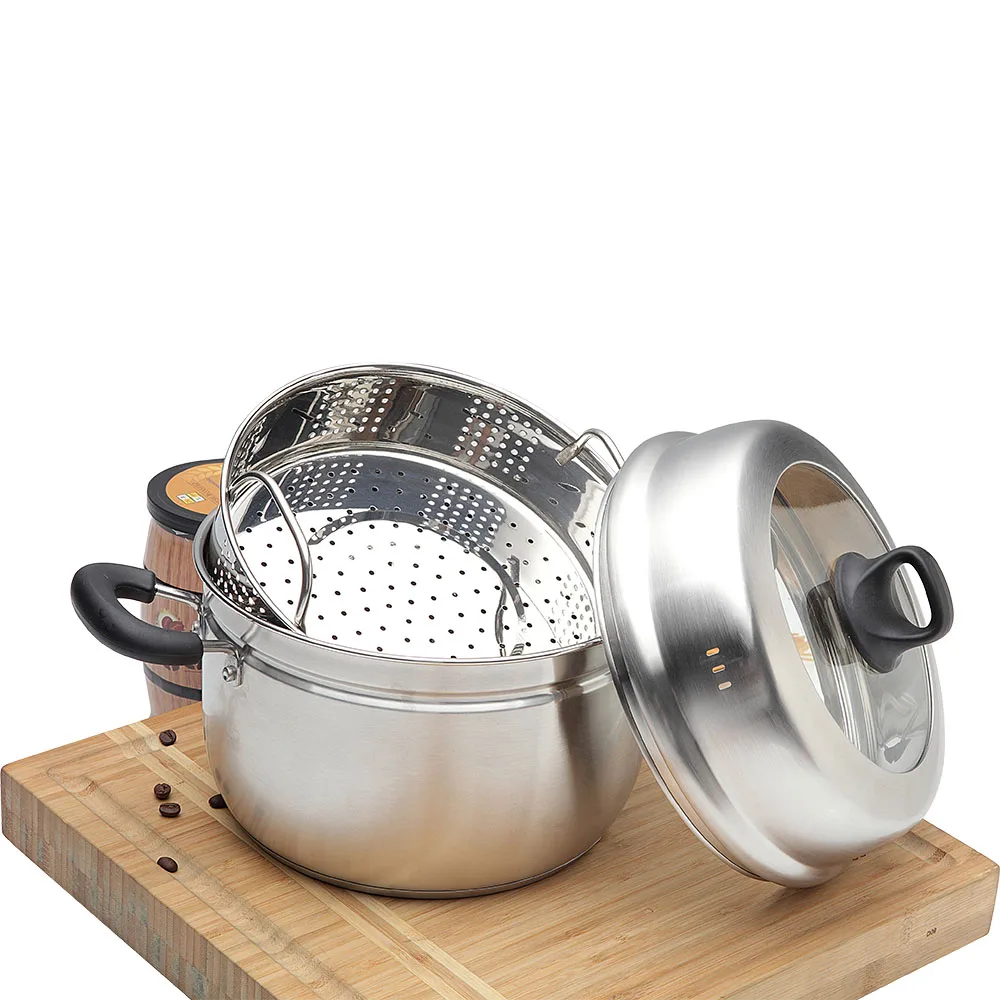 Wholesale Stainless Steel Steamer OEM/ODM Double Ear Multi-layer Steamer Two Layers Kitchen Cookware Cooking Pot with Glass Lid