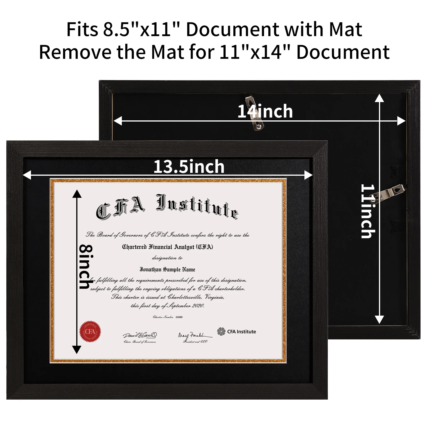 Classical 8.5x11 Certificate Frame Displays Diploma 8.5x11 Inch Document/Photo Double Mat Matte Black with Gold Rim