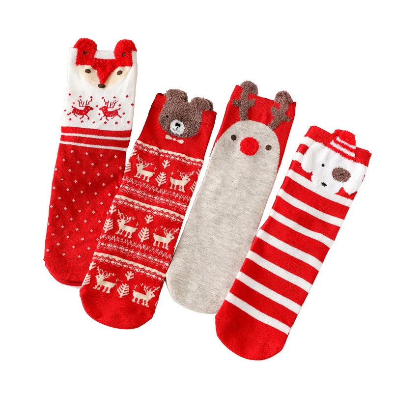 Wholesale holiday Gift custom packing novelty socks 4 pairs in box women men adult winter Santa cotton knit crew christmas socks