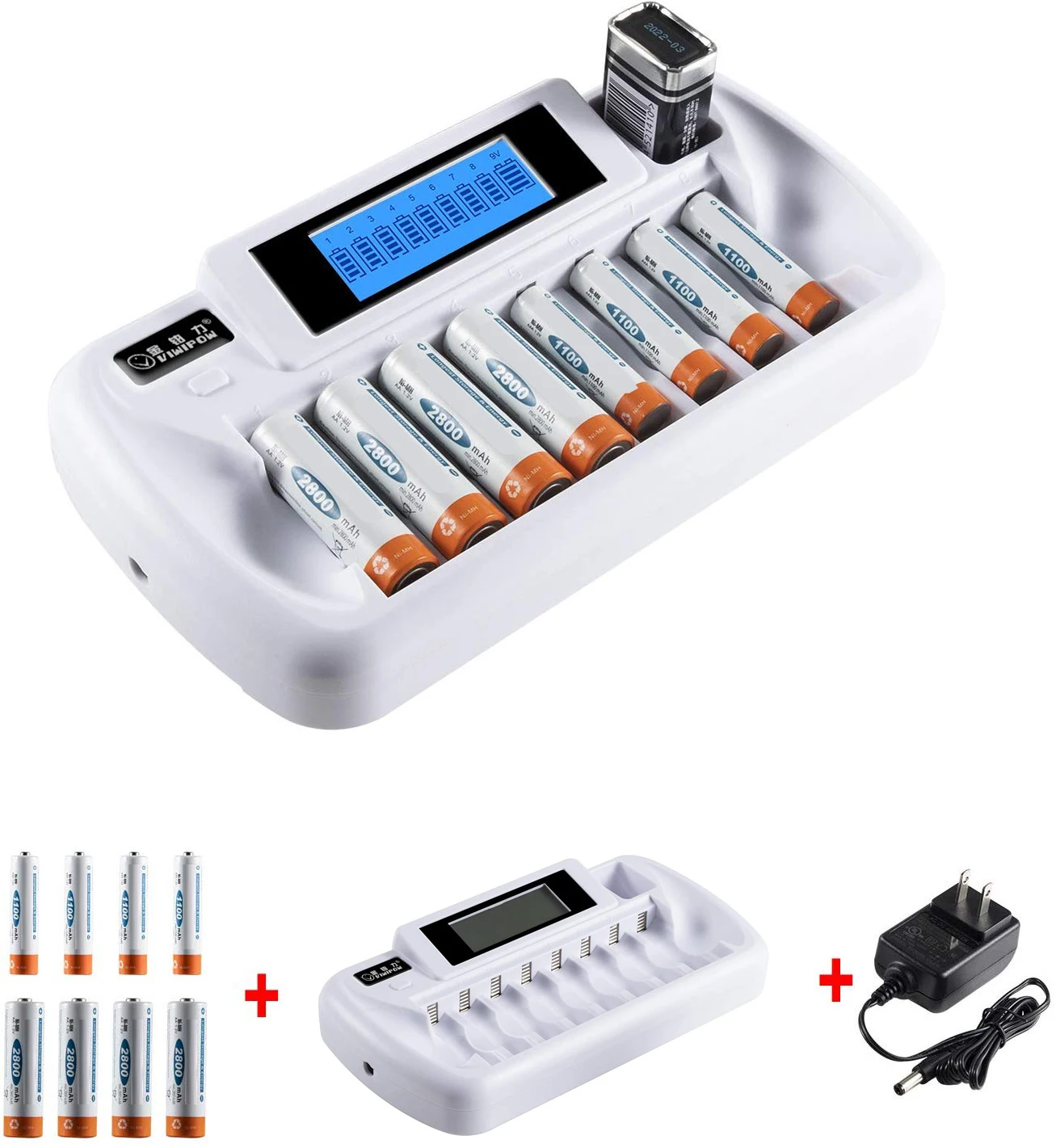 8 Slots AC Battery Charger for 8 Pieces Ni-MH Batteries with Short-circuit Protection