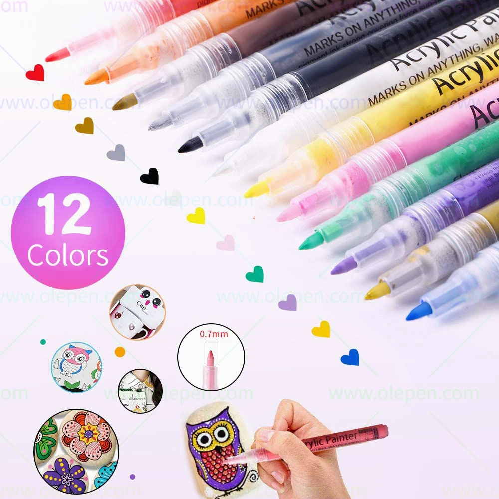 DIY Painting Waterproof Fine Tip 0.7mm Drawing Art Markers 12 Colors Acrylic Ink Permanent Acrylic Paint Marker Pens Set