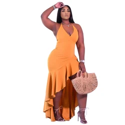 2022 Trending Solid Colors Slit Ruffle Dress Sexy Slip V Neck Bandage Backless Long Dress Women Peplum dress