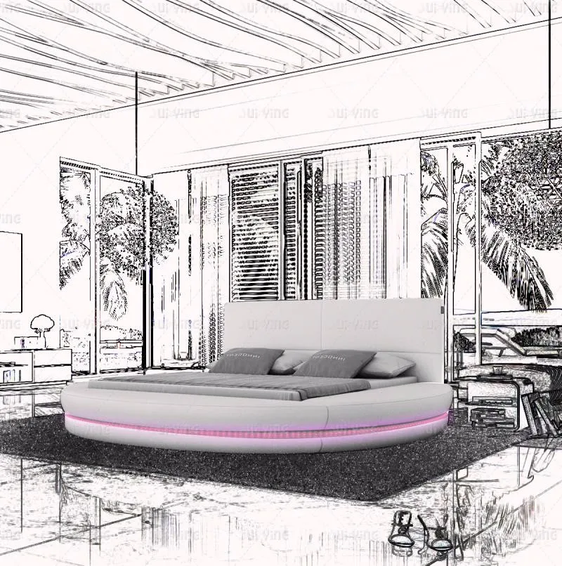 CBMmart Low height rexine bed Popular Modern led light beds circle round bed bedroom furniture