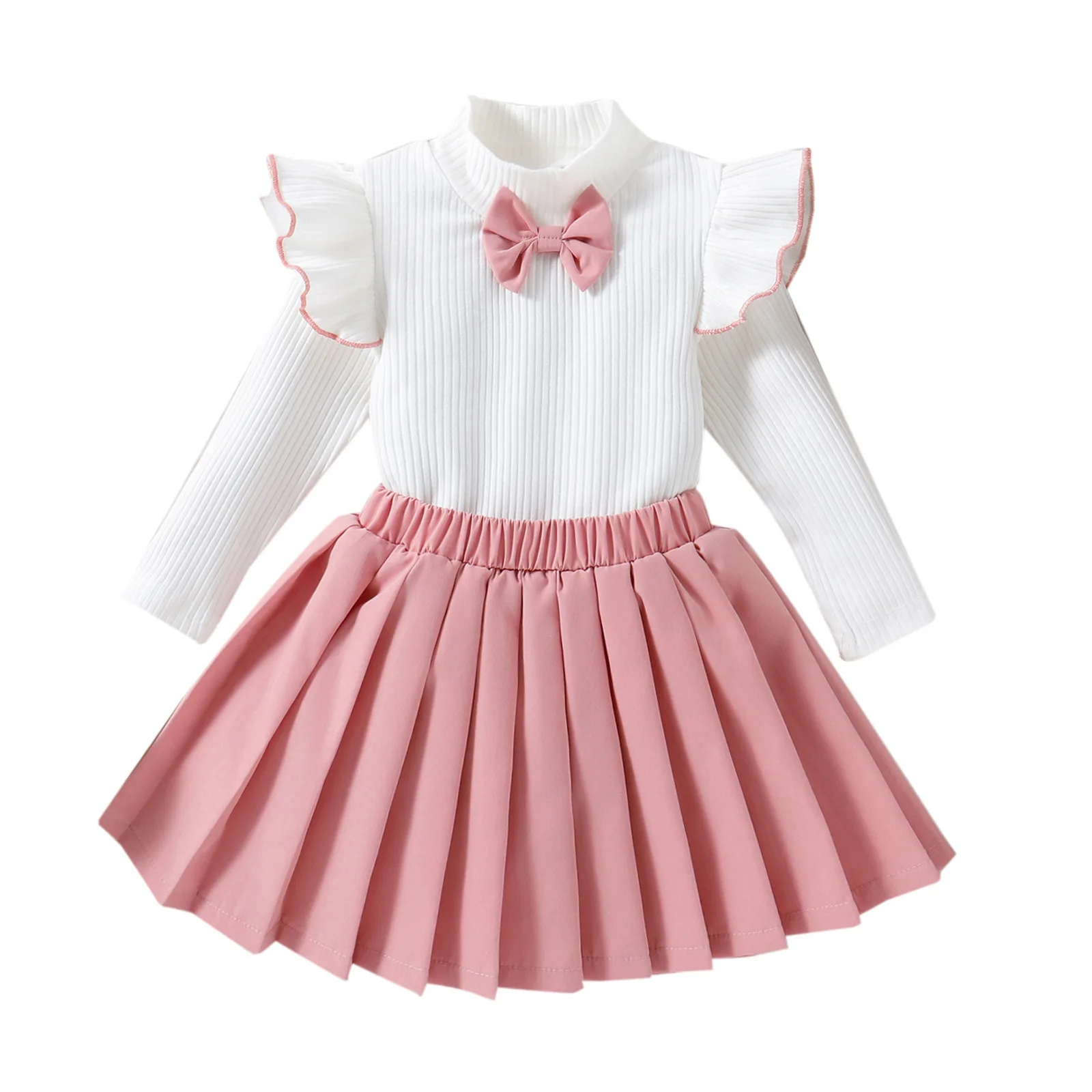 Autumn Flying Sleeve Cute Bow Top Pleated Skirt Set For Girls Clothes Pit Strip Knitted Sweater Kid Clothing Wholesale For Girls