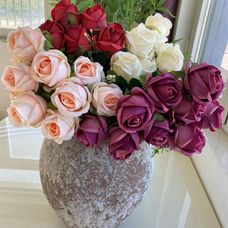 Hot Sale Wholesale 12 Heads Wedding Decorations Blush Pink Rose Bouquet Artificial