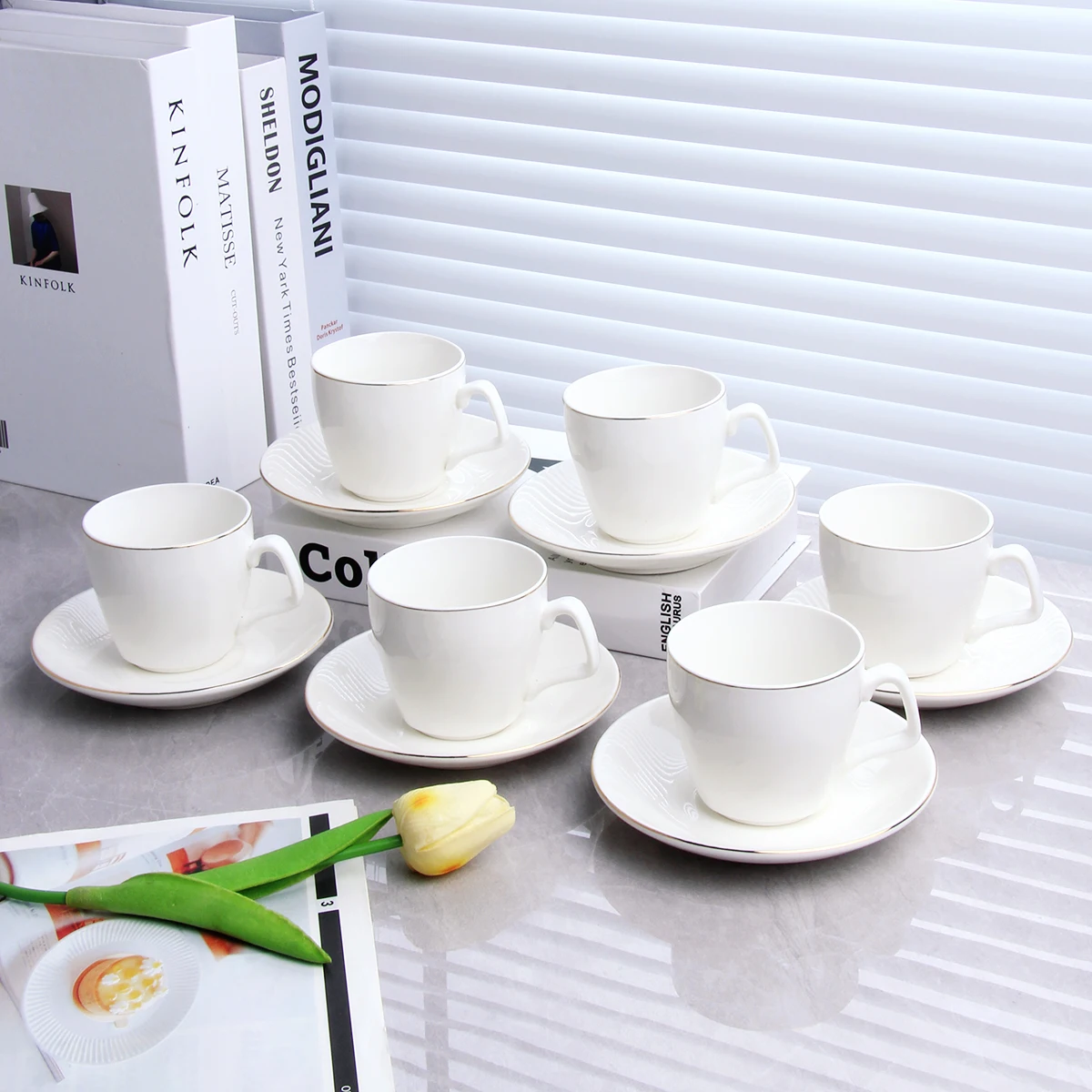 Modern White Hotel Ceramic Teacups Eco Friendly Hotel Espresso Simple Afternoon Tea Coffee Cup Set with Tea Tray