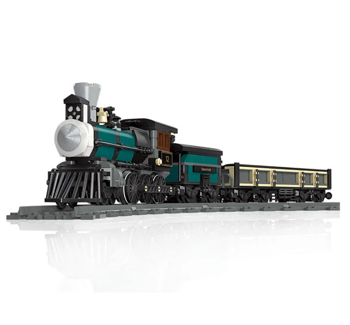 JieStar 59001 Technical Green Locomotive Steam Old Vintage Retro Classic Train Railway Building Blocks Toy