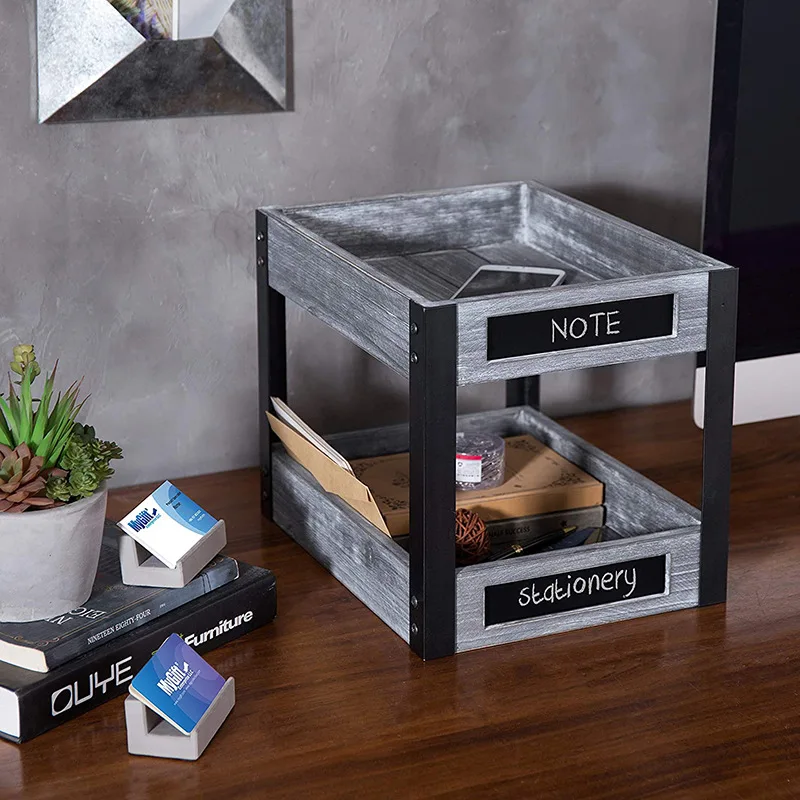 
2 Tier Rustic Torched Wood Desktop Document Tray with Chalkboard Labels 