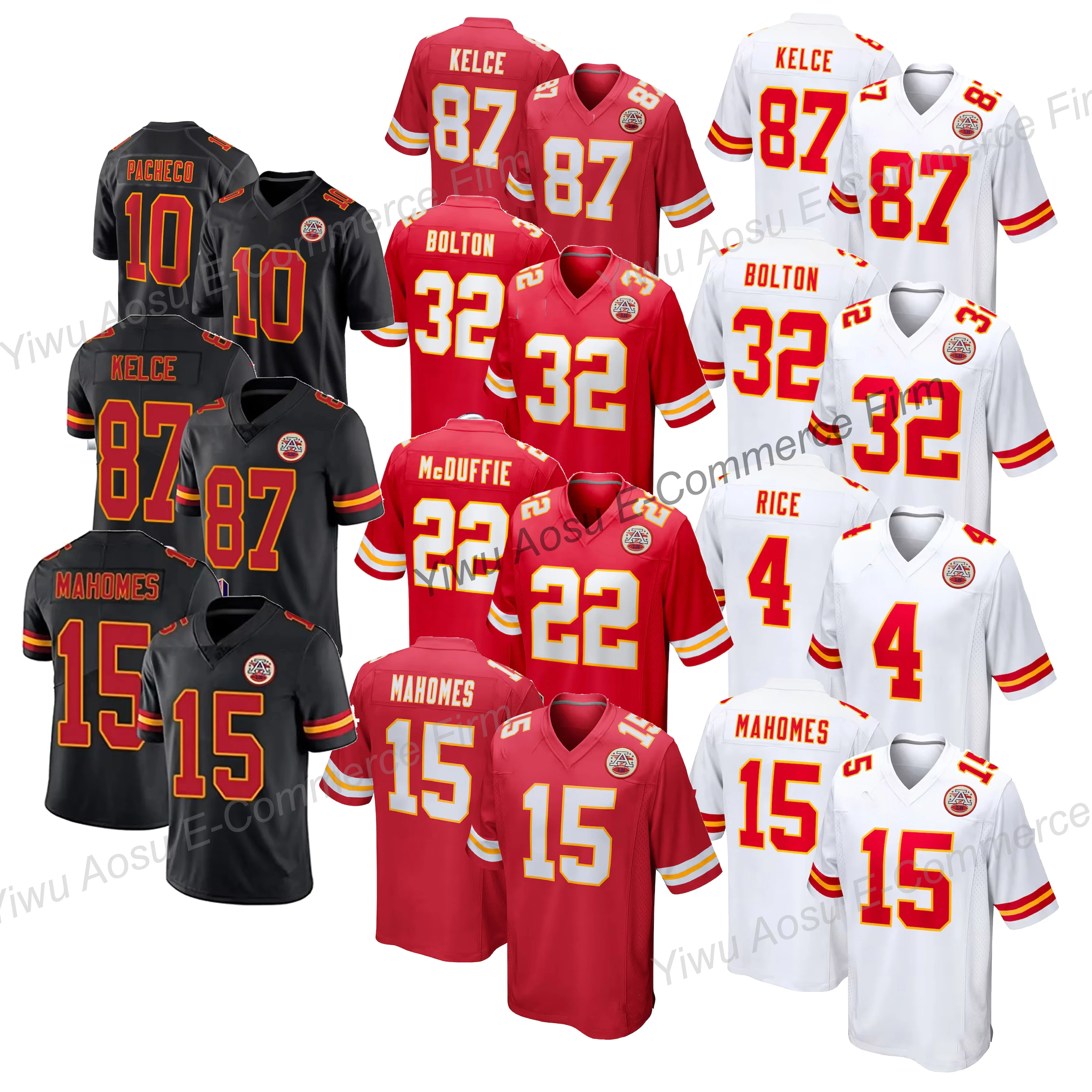2024 мужской канзасской Майки 15 Patrick Mahomes 32 Bolton 87 Kelce 10 Pacheco прошитый VP ограниченный Американский футбол майки