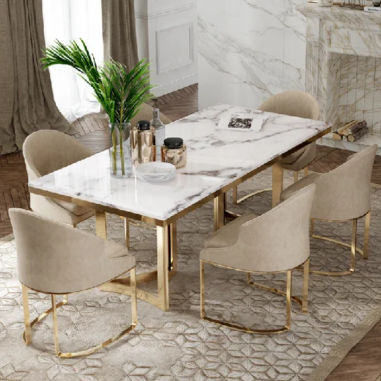 Italian Fashion Light Luxury Style Custom Stainless Steel Dining Table Match With 6  Seat Chair