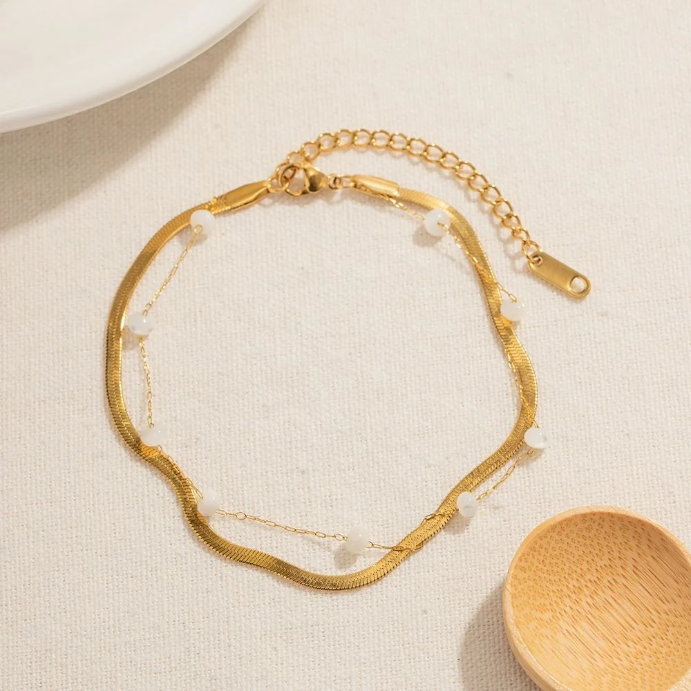 A335 18K Gold Plated Stainless Steel Blade Chain Flat Snake Chain Round Shell Bead Anklet