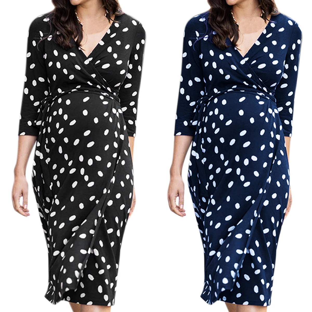 
Simple style V-neck strap Three-quarter sleeve polka-dot print loose maternity dresses 